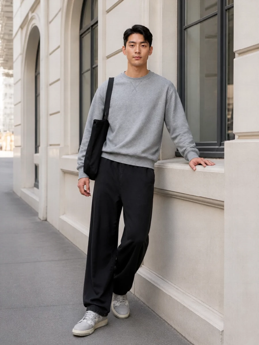 Entire studios grey sweatshirt black wide pants outfit