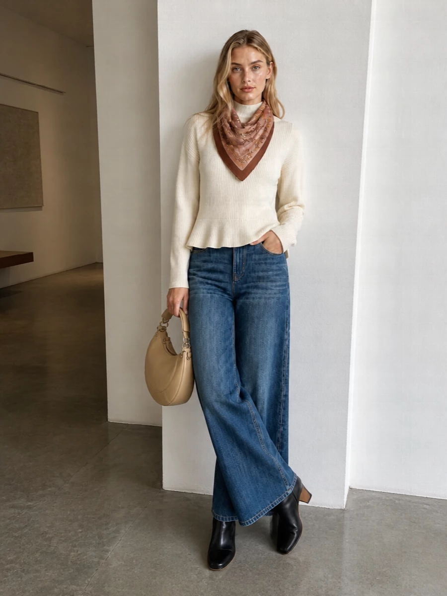 Chloe wide leg jeans ivory knit black boots