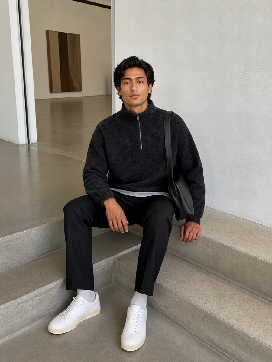 Jil sander charcoal half zip black trousers sneakers