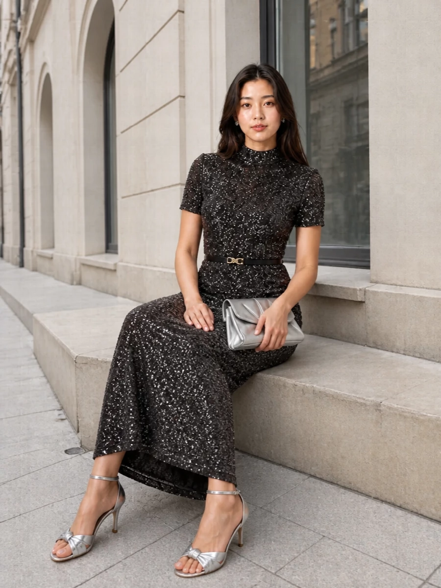 Rotate sequin maxi dress silver stuart weitzman heels