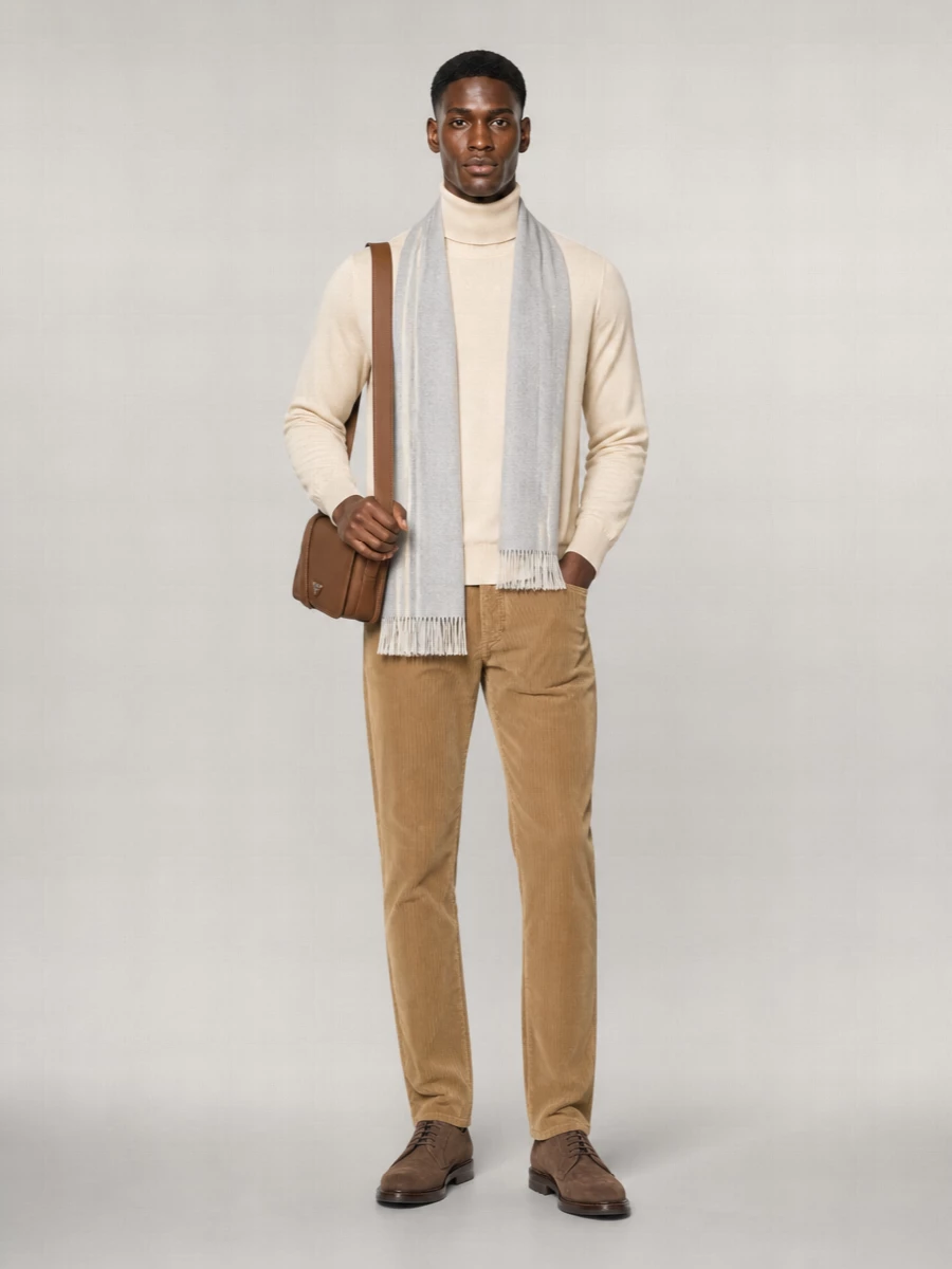 Camel corduroy trousers with a buttercream turtleneck create a soft, tonal foundation that feels refined yet relaxed for cooler days. Taupe suede derbies and a tan leather crossbody introduce depth while staying firmly in the quiet-luxury sphere. A light grey scarf gently cools the palette, keeping the whole outfit balanced and understated.