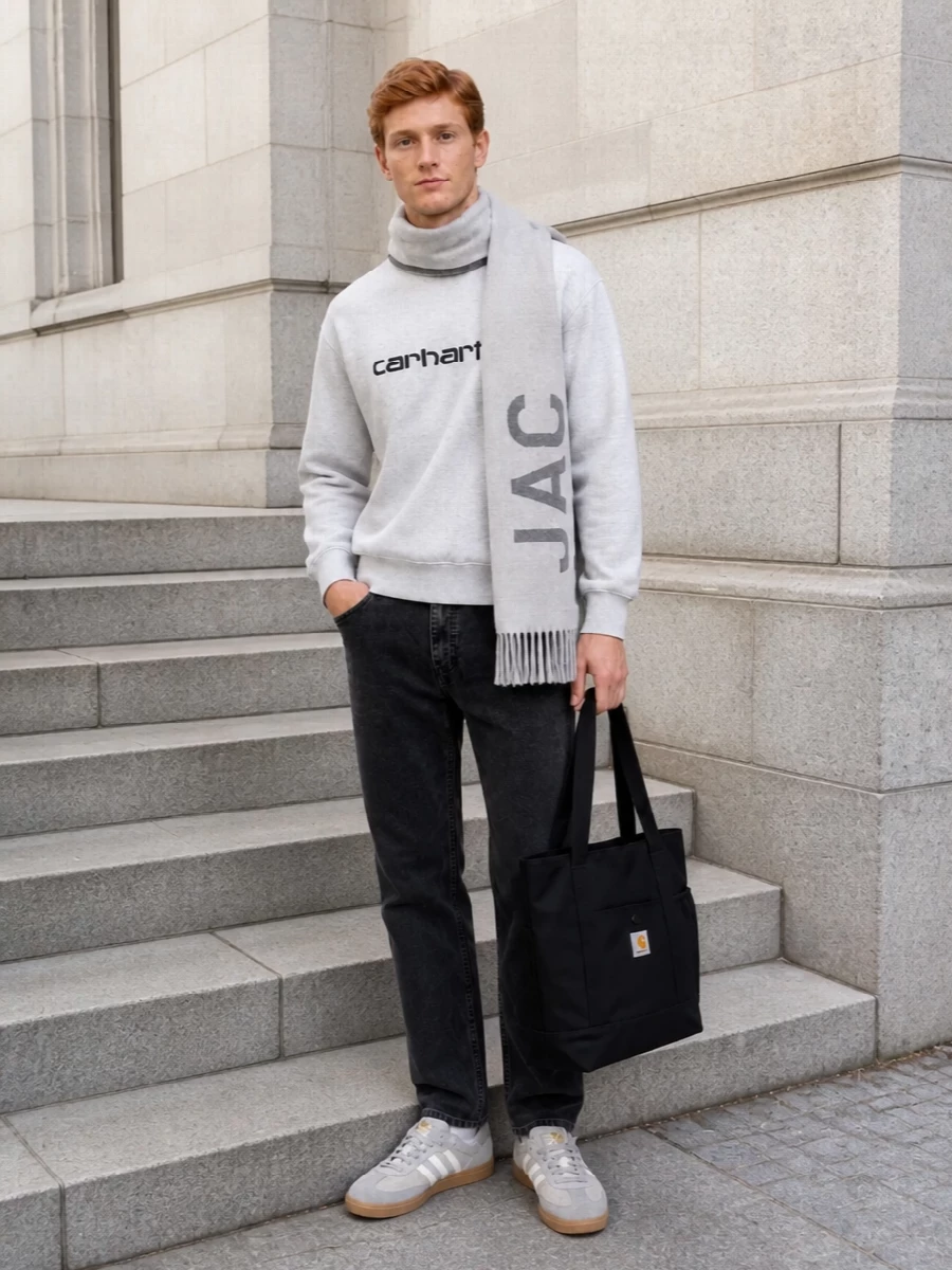 Carhartt grey sweatshirt black jeans outfit