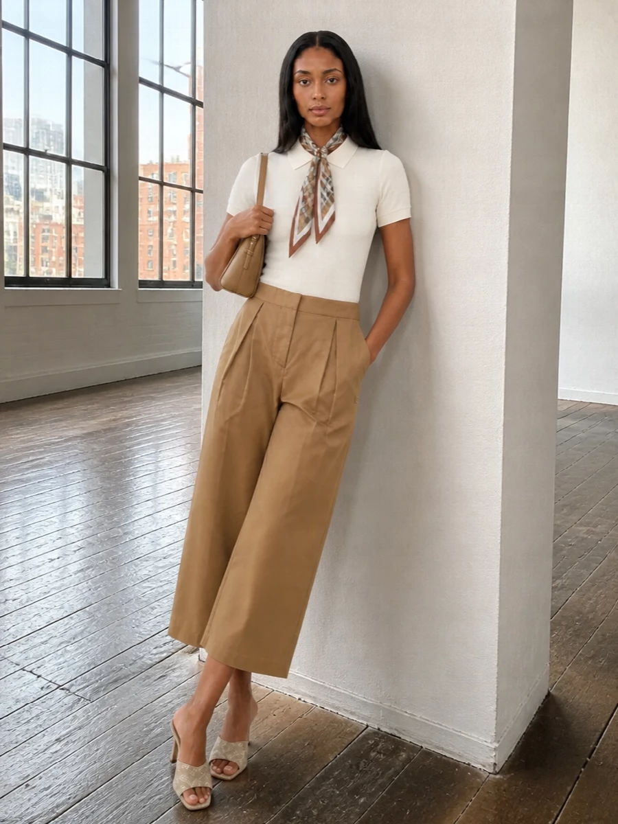 Camel wide-leg chinos meet an ivory polo for a clean, airy take on soft tailoring. A woven mid-heel mule lengthens the cropped silhouette, while a structured camel shoulder bag and checked twilly keep the mood quietly directional without feeling busy.