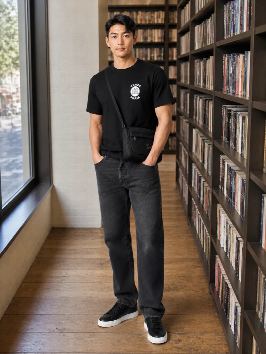 Monochrome and direct, this pairing leans into Kenzo’s graphic tee with washed-black straight denim that keeps the line easy and unfussy. Sleek black-and-white sneakers sharpen the base without breaking the minimal palette, while the Kenzo messenger bag quietly echoes the logo story for a pulled-together city uniform. It is relaxed enough for off-duty days yet polished enough to feel considered in any casual setting.