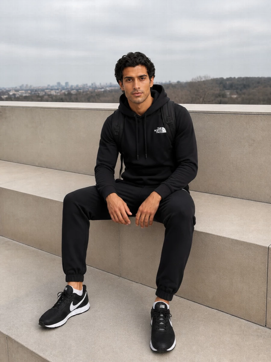 Head-to-toe black keeps this North Face hoodie grounded in a clean, sport-led rhythm, with matching track pants extending the minimal logo story. A low-profile retro runner lightens the set and leans it toward the street, while the compact technical backpack stays practical without disturbing the streamlined silhouette. It is an easy uniform for days that move between commute, gym and city wandering on repeat.