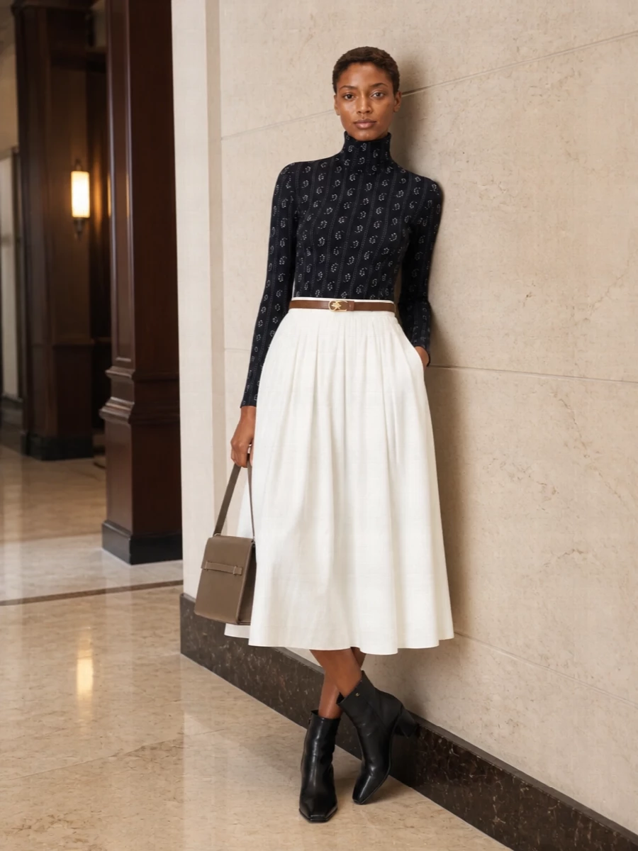 An ink-navy patterned turtleneck tucked into the ivory pleated midi gives a clean, collegiate take on quiet luxury. Black ankle boots and a structured taupe top-handle sharpen the softness, while a slim belt defines the waist so the volume of the skirt feels intentional rather than relaxed. The palette stays calm and neutral, with just enough graphic contrast to move easily from polished daywear to low-key dinners.