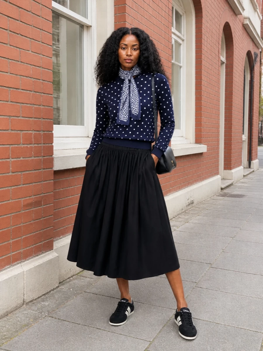 Comme des garcons polka dot sweater black midi skirt