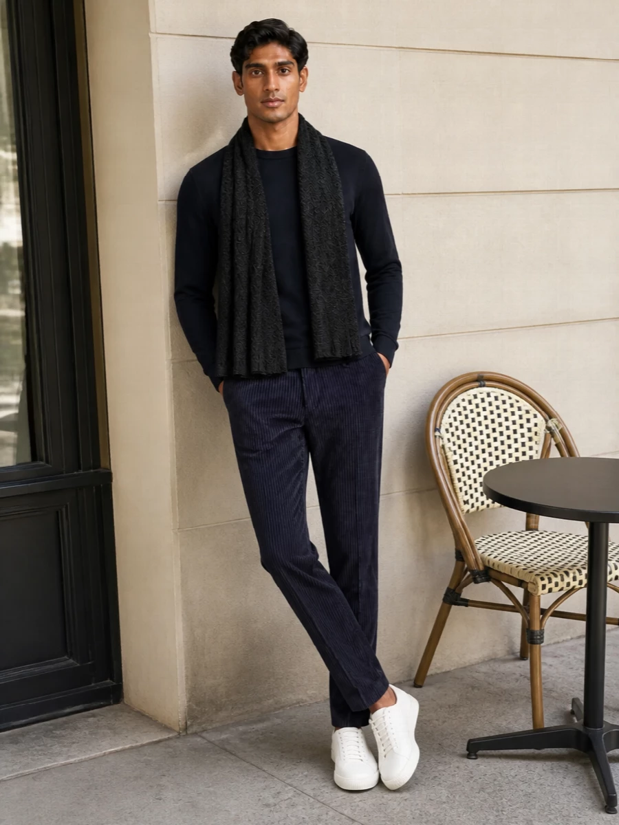 Armani navy sweater striped trousers outfit