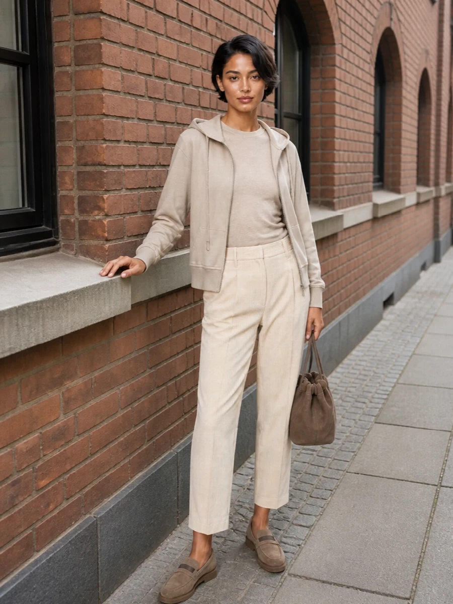 I’m keeping this in the Brunello universe: a sand hoodie over a fine beige knit, light cord trousers, suede loafers and a gathered pouch for quiet, tonal ease. The mix of sport and soft tailoring keeps it relaxed enough for travel or errands but considered enough to walk into a casual meeting. I skipped the dresses here so the hoodie can stay the clear anchor without competing volume.