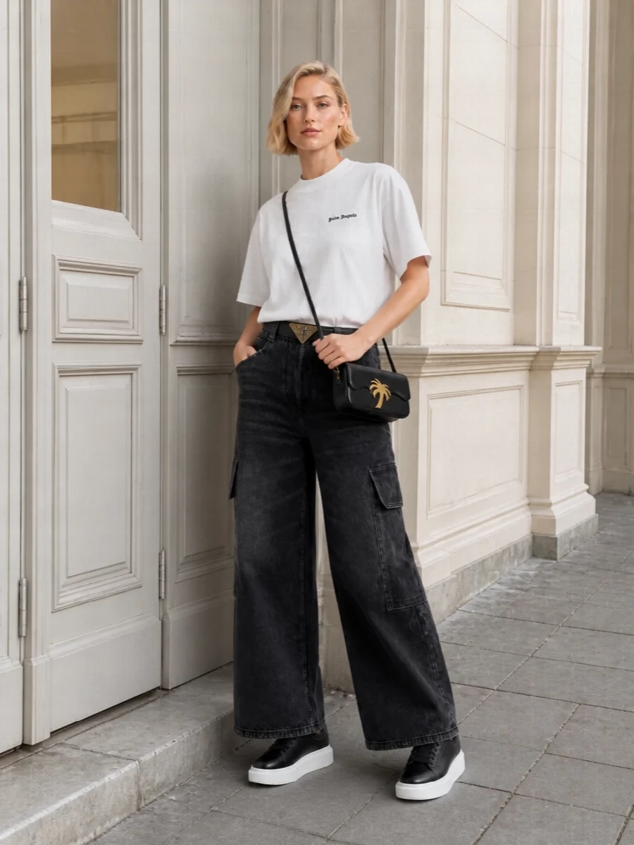 A boxy Palm Angels tee meets high-rise faded black cargo denim for a graphic, skate-led uniform in pure monochrome. Chunky black-and-white sneakers keep it grounded, while a compact logo cross-body and a slim logo belt add just enough structure and polish. It is an off-duty city mix that feels relaxed but very intentional from head to toe.