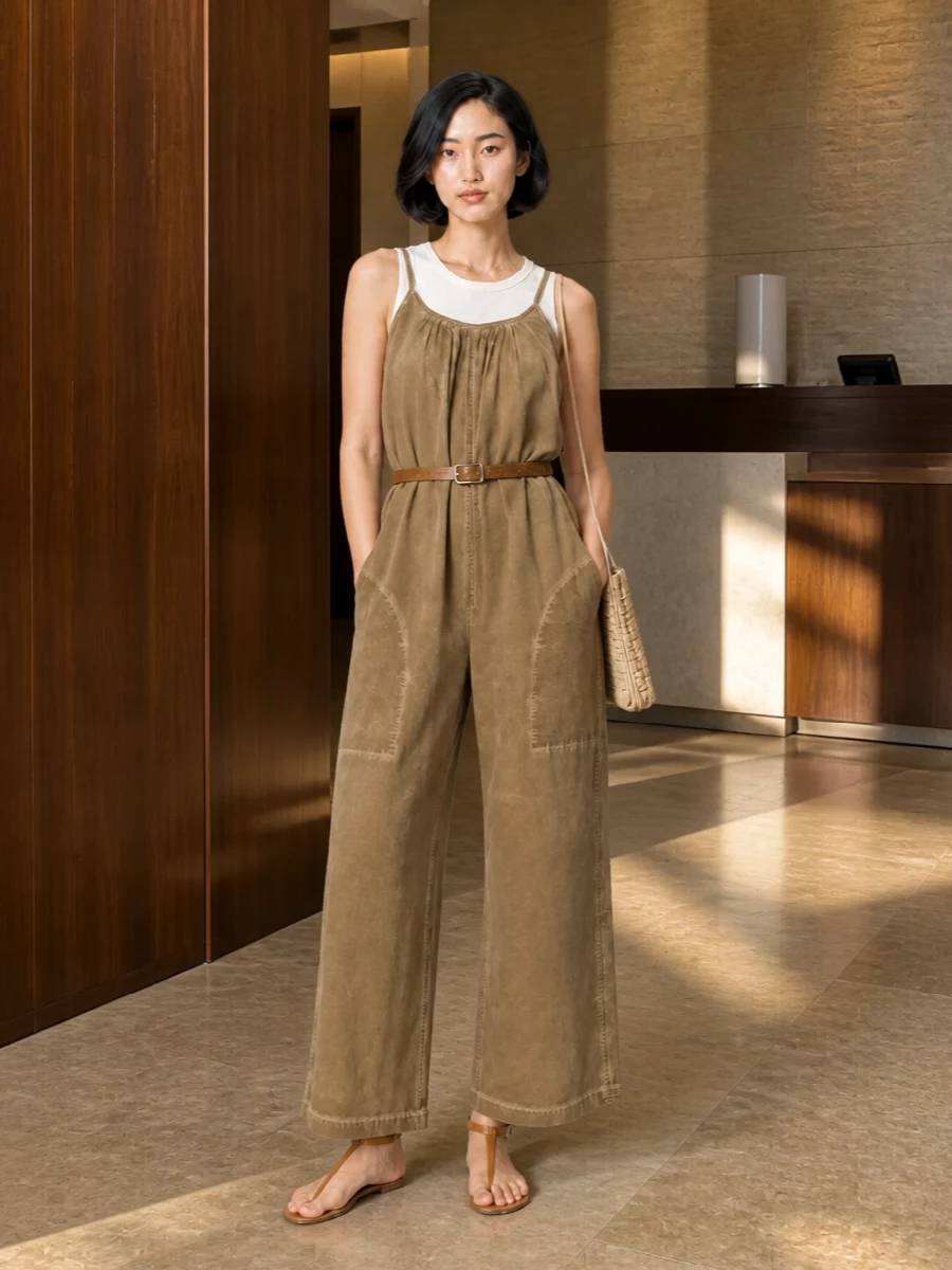 Uma wang jumpsuit tan sandals woven bag
