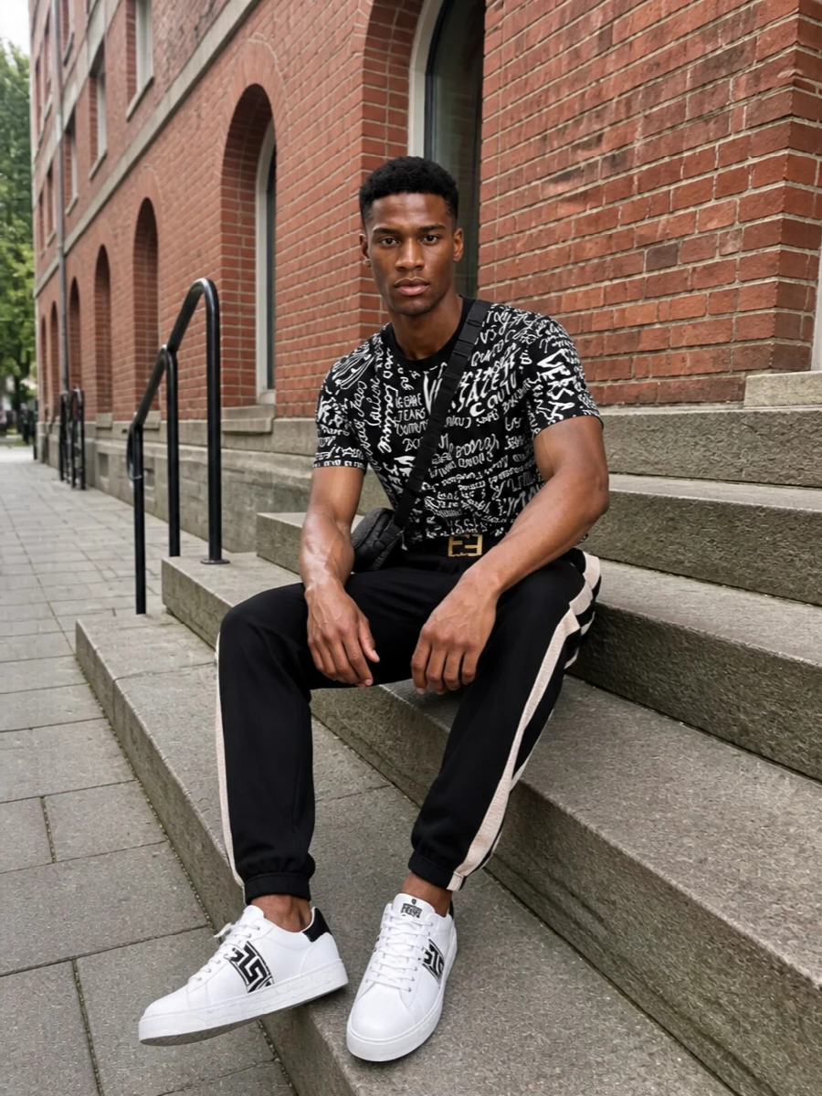 Monochrome street energy, kept tight and clean so the graffiti tee does the talking. Streamlined track pants and graphic white sneakers keep the lines athletic, not sloppy, while the compact crossbody and sharp belt add just enough structure for the city. It is an easy high-low mix that feels designer but still ready for everyday movement.