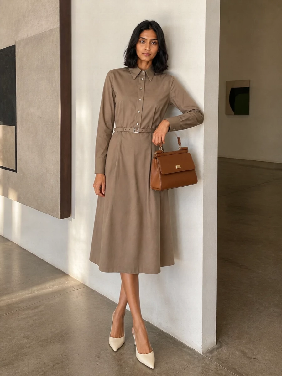 A tailored Fendi shirt dress in taupe teams with the caramel Dolce&Gabbana top‑handle bag for a quietly powerful neutral story that feels considered but never stiff. The clean belt and precise collar give you that boardroom-to-dinner sharpness, while cream slingback stilettos keep the silhouette long and light. Choosing the dress route over separates lets the bag’s structured shape read as the focal point, with nothing breaking the vertical line.