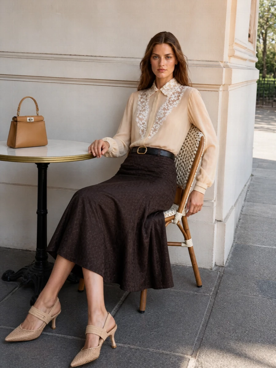 Fendi lace blouse jacquard midi skirt outfit