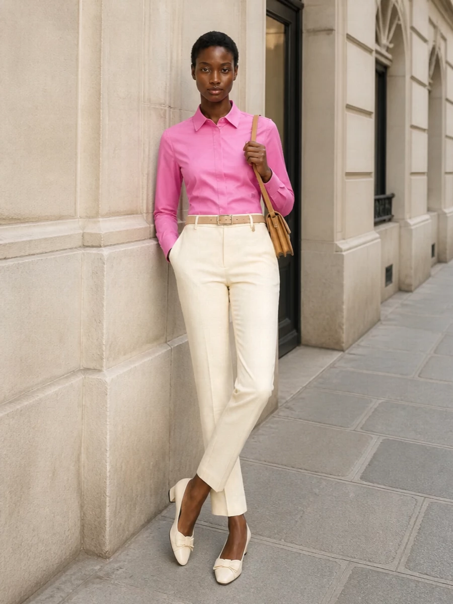 A crisp pink Max Mara shirt is anchored by ivory straight-leg tailoring for a fresh, SS-ready take on office polish. Cream block-heel pumps and a nude-blush belt keep the lines elongated and refined, while the slim camel cross-body adds a whisper of contrast that still feels firmly within the quiet-luxury palette. The result is a softly structured, feminine look that moves effortlessly from meeting room to dinner reservation.