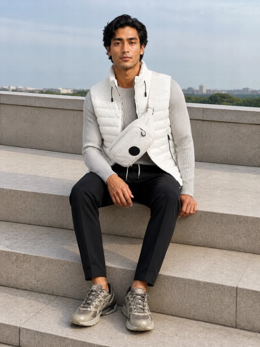 Off‑white and light grey sit against sharp black for a clean, sport-driven city uniform built around the quilted gilet. Pleated technical texture on top and a jogger-tailored trouser keep the silhouette streamlined, with muted runners and a matching belt bag reinforcing the athletic edge without losing polish.