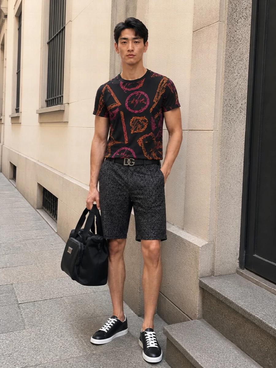 Dolce gabbana graphic tee tailored shorts outfit