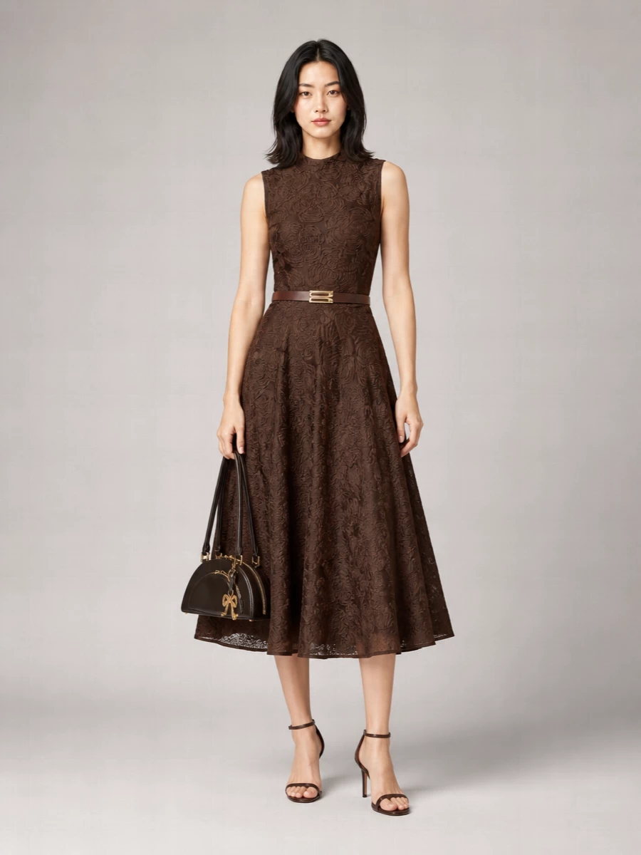 Rotate Floral Mesh Sleeveless A-Line Midi Dress