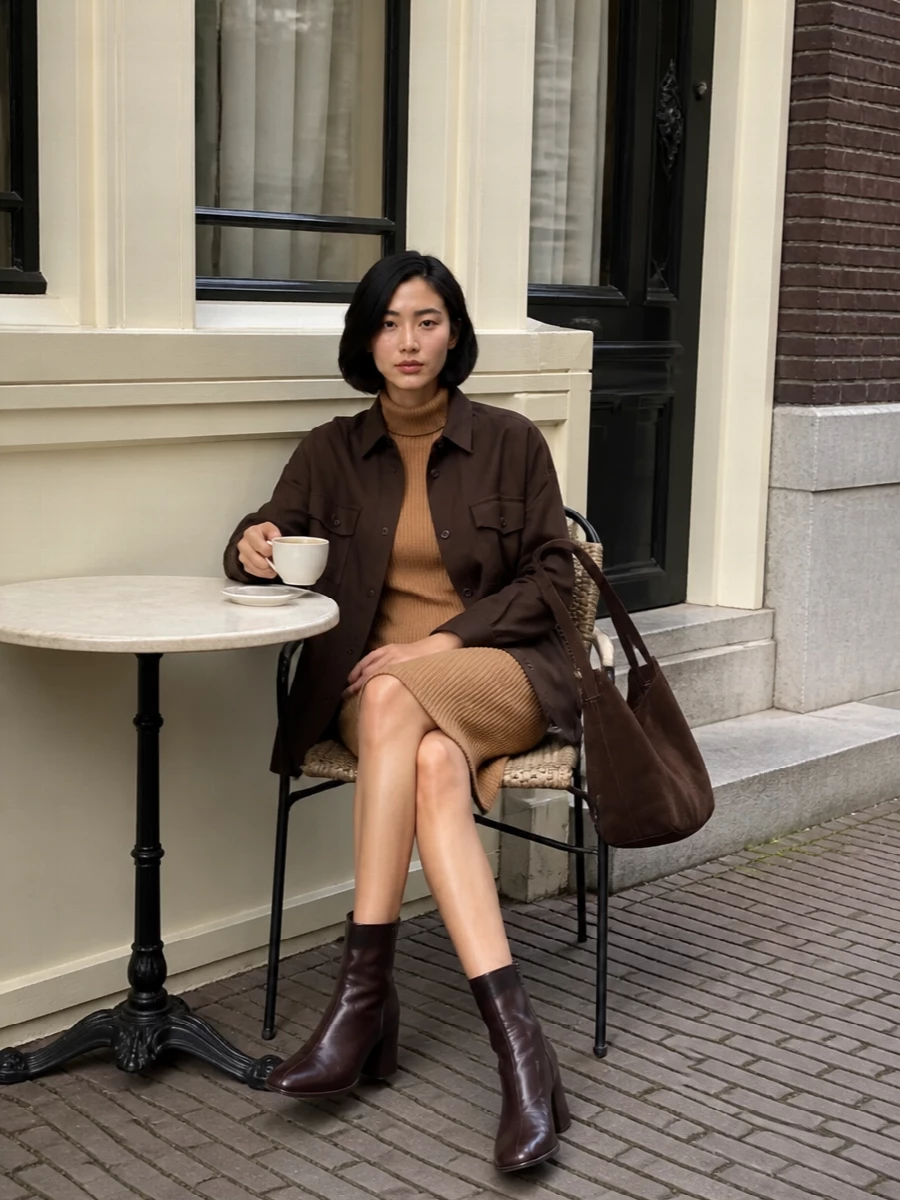 I am building around the outerwear as a relaxed shirt-jacket, so the dress route feels more coherent than adding a second shirt and tailored trouser. The camel ribbed column under deep chocolate brown creates a tonal, quietly polished winter pairing, grounded by burnished ankle boots and a suede shoulder bag in matching depth. It is an off-duty-to-dinner composition that stays warm, neutral and streamlined without feeling overworked.