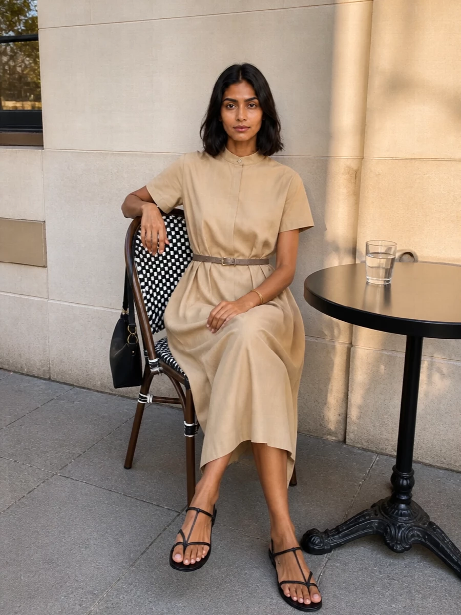 Jil sander beige shirt dress black sandals