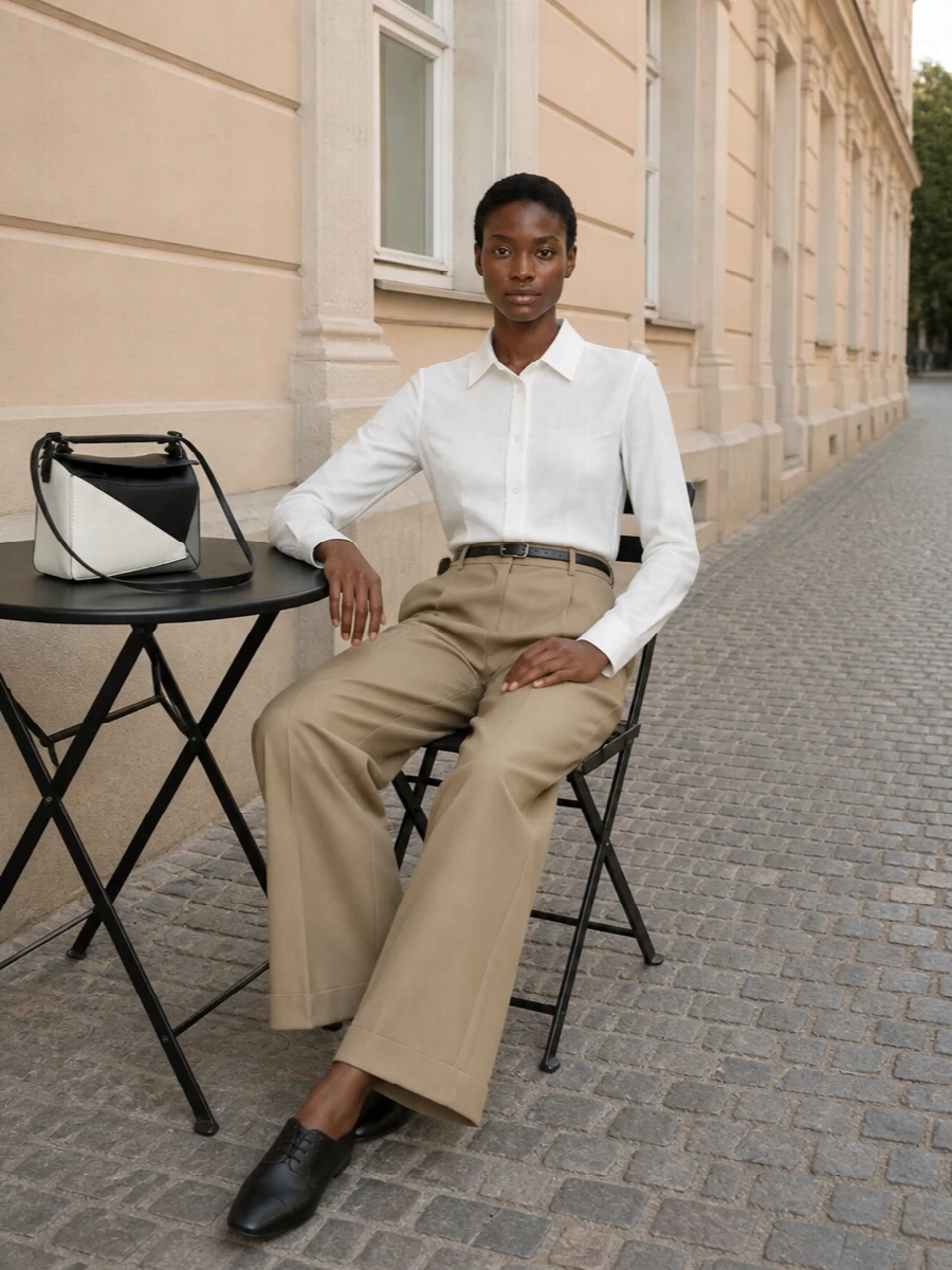 Loewe shirt camel wide leg trousers outfit
