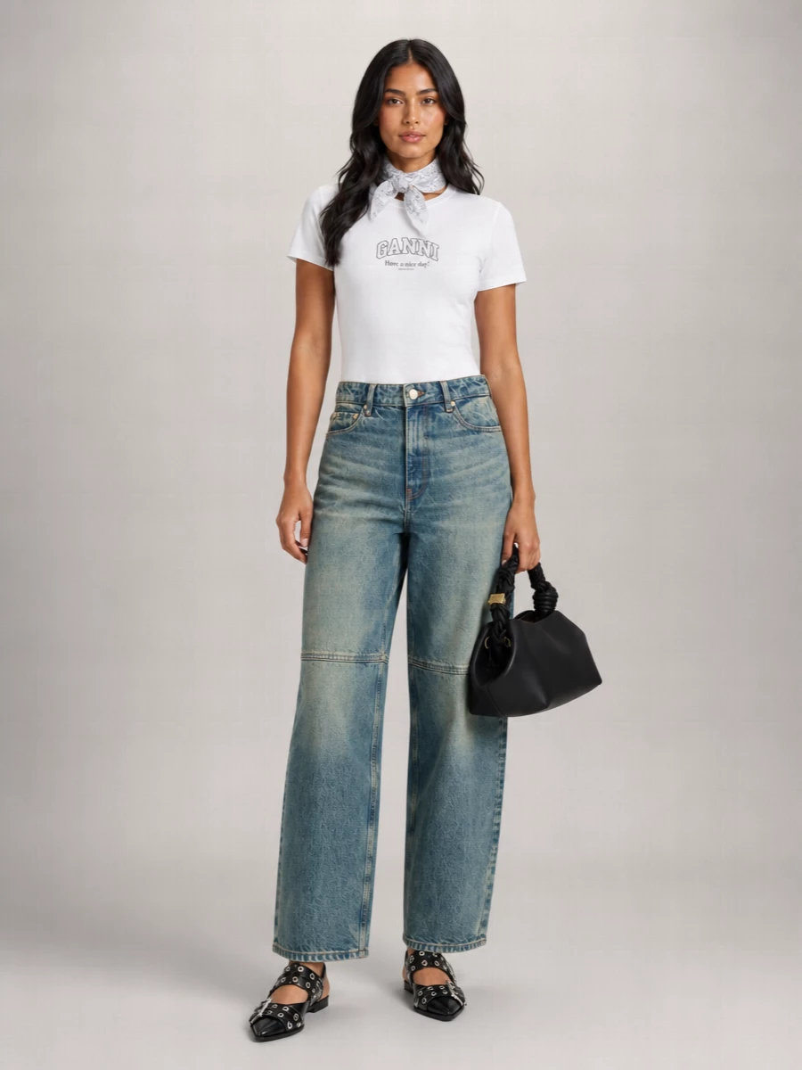 Ganni Cotton Logo-Print Crewneck T-Shirt