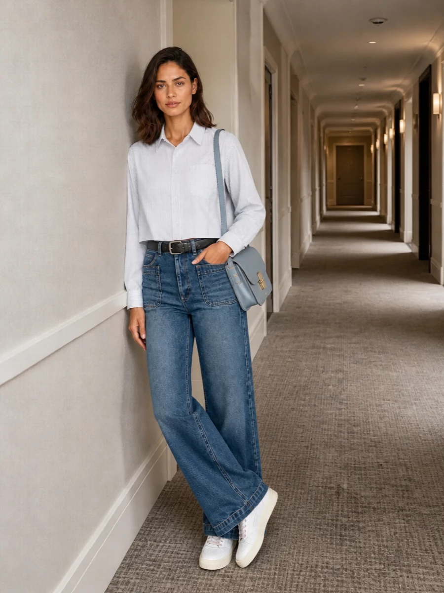 Apc striped shirt wide leg jeans outfit
