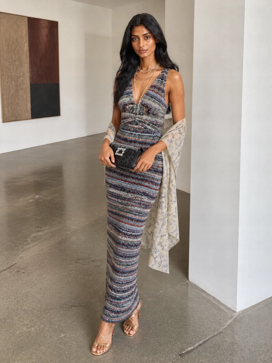 Missoni evening knit dress gold sandals
