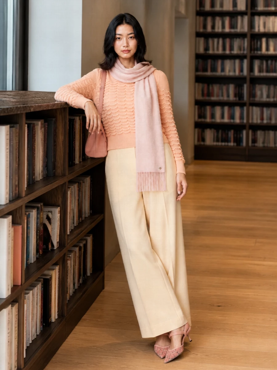 Zimmermann’s textured peach knit sits over buttercream wide-leg trousers for a soft, elongated silhouette that feels romantic yet discreetly polished. Rose-toned kitten heels and a blush shoulder bag keep the tones whisper-light while still dinner-ready. A slim blush scarf finishes everything with a gentle, tonal frame around the face.