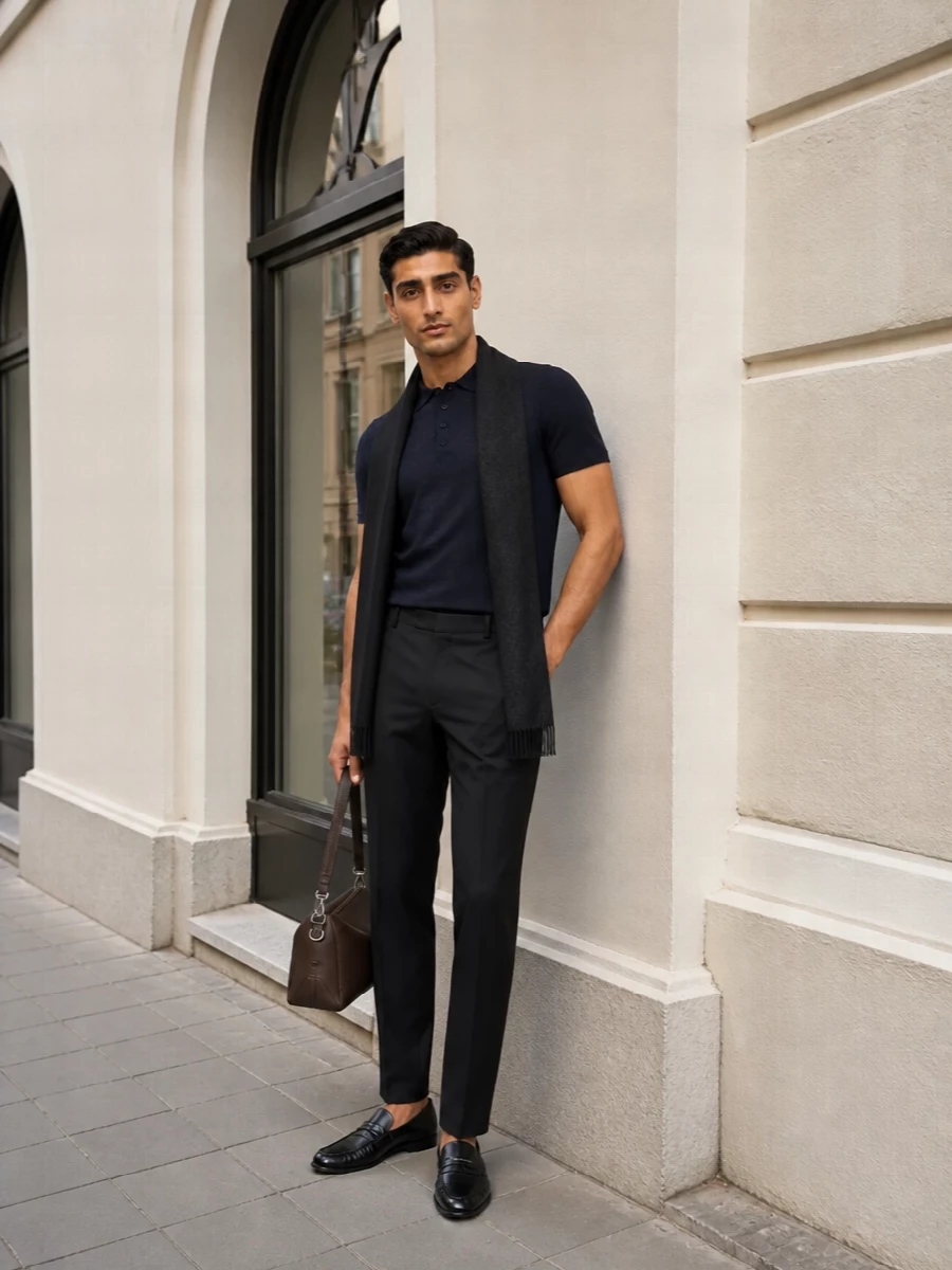 Fendi navy polo charcoal trousers loafers