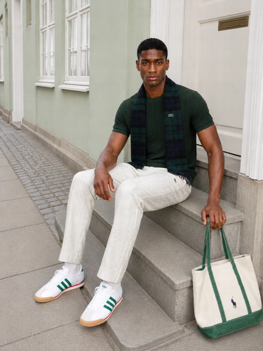 Lacoste green tee beige track pants adidas sneakers