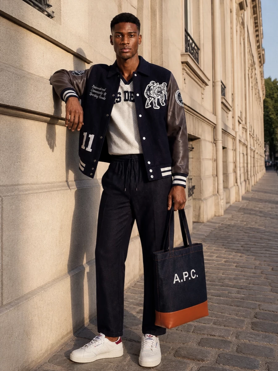 Les deux varsity jacket adidas sneakers outfit