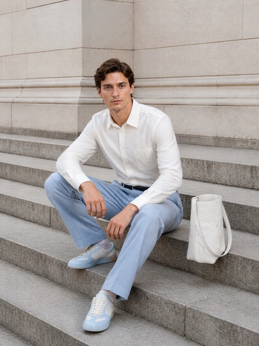 Powder blue tailoring meets a quietly structured ivory shirt for a fresh, gallery-ready summer uniform. The dip-dyed Margiela sneakers keep it relaxed yet precise, while the sculptural Ferragamo shoulder bag adds a clean architectural note at the hip. A slim navy belt finishes the line without disturbing the calm palette.