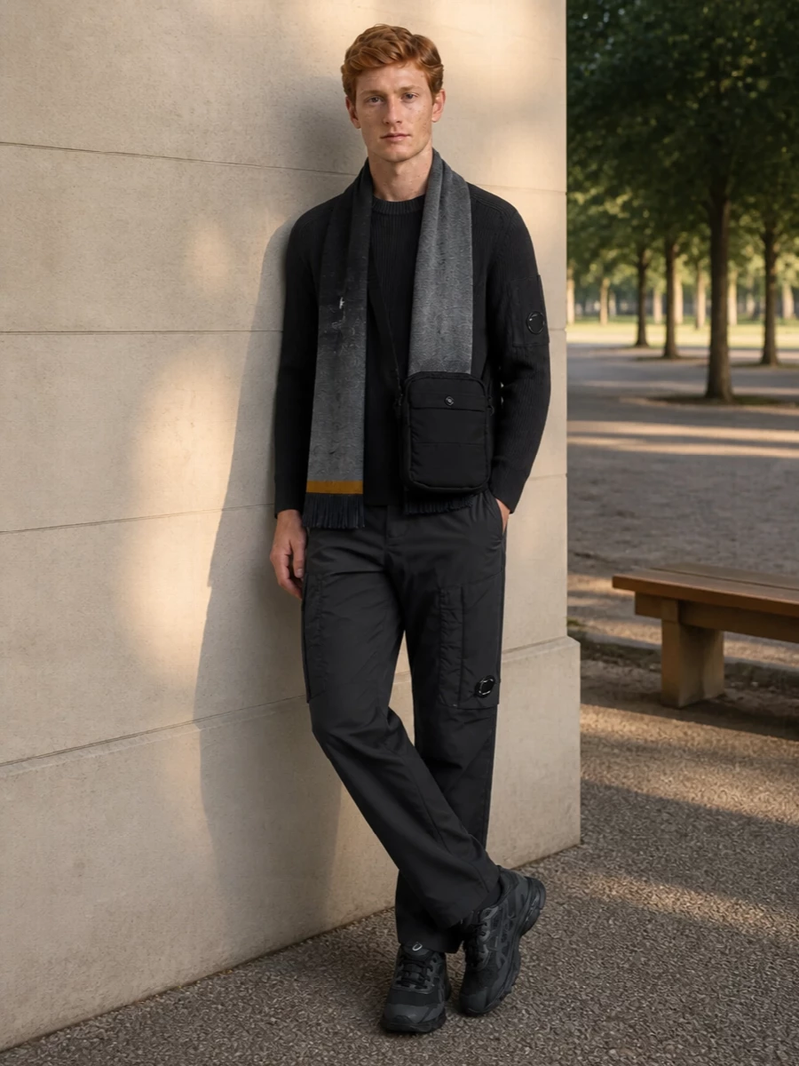 Cp company knit charcoal cargo trousers outfit