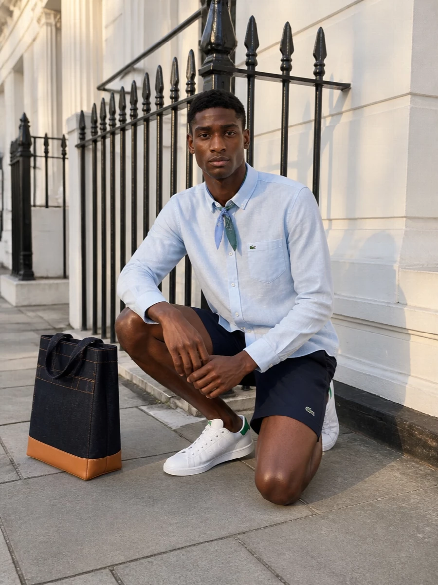 Lacoste blue shirt navy shorts adidas sneakers