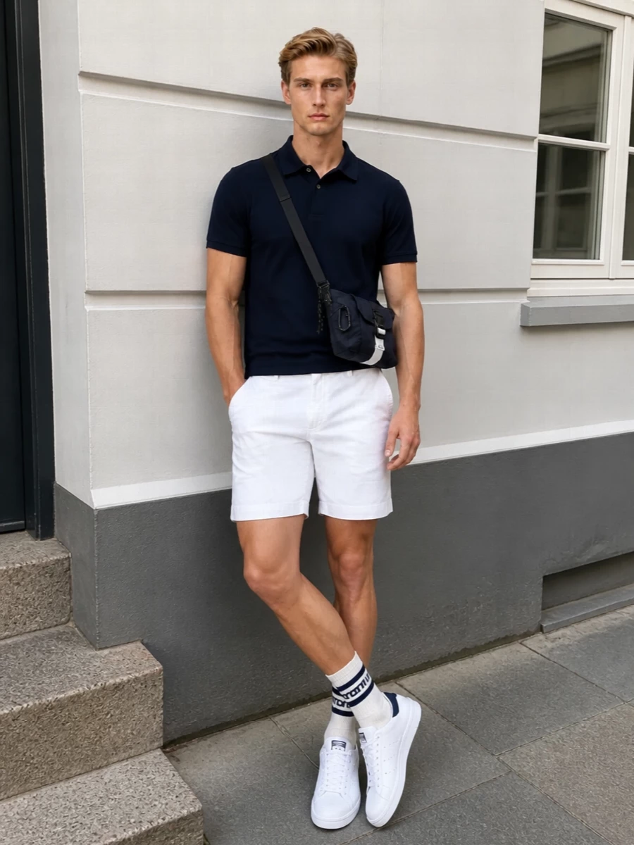 K way navy polo white polo chino shorts outfit
