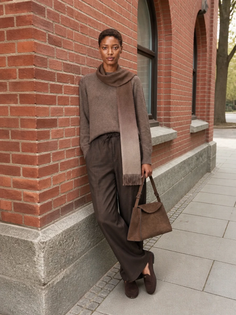 Loulou studio taupe sweater brown wide leg trousers