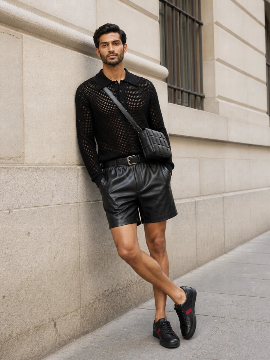 Gucci mesh polo faux leather shorts night outfit
