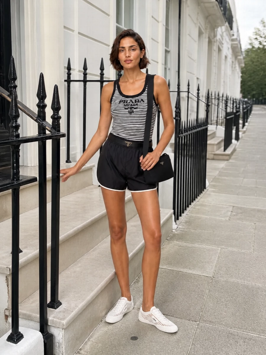 Prada striped tank track shorts mesh sneakers