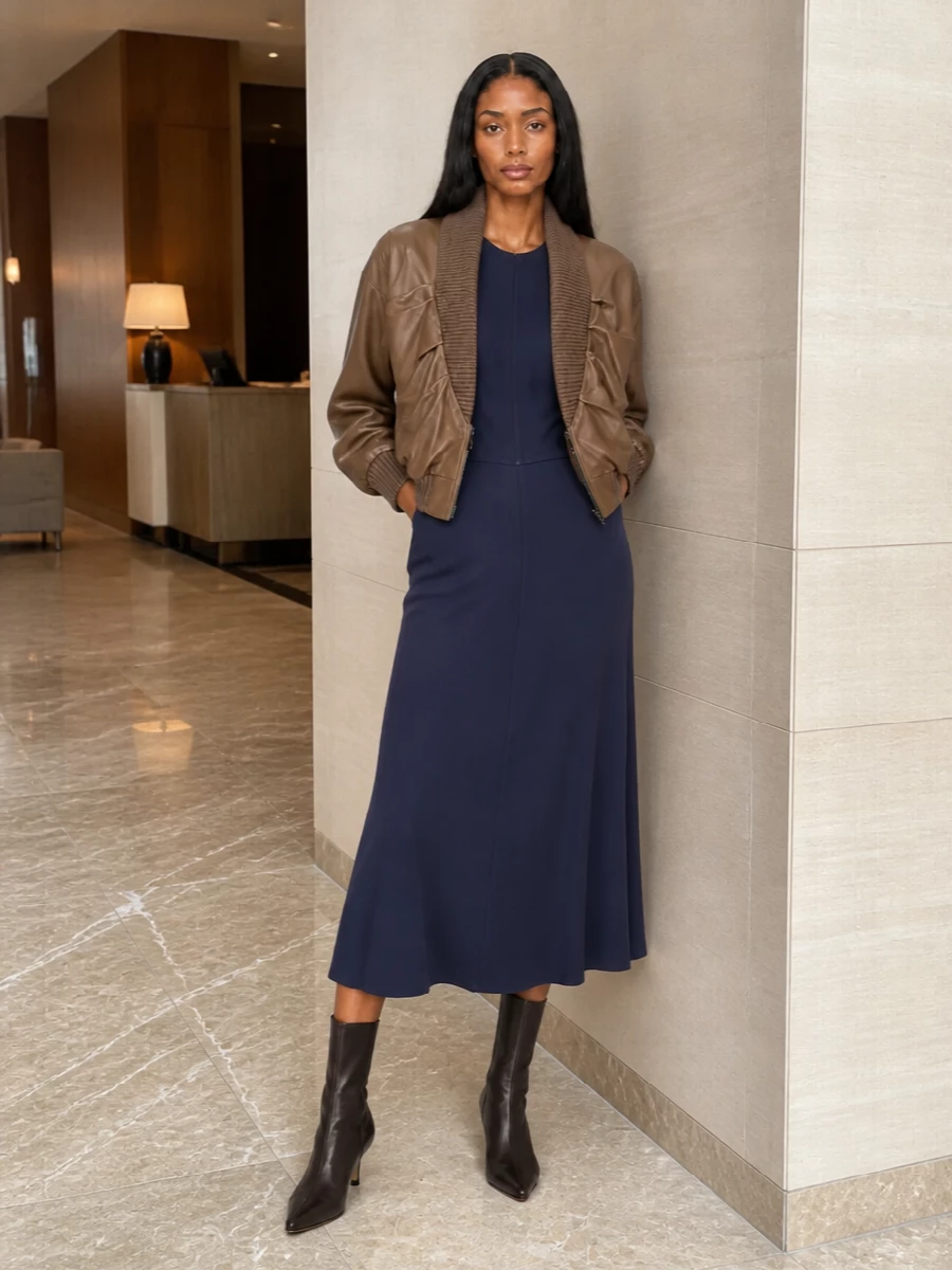 Victoria beckham bomber navy midi dress styling