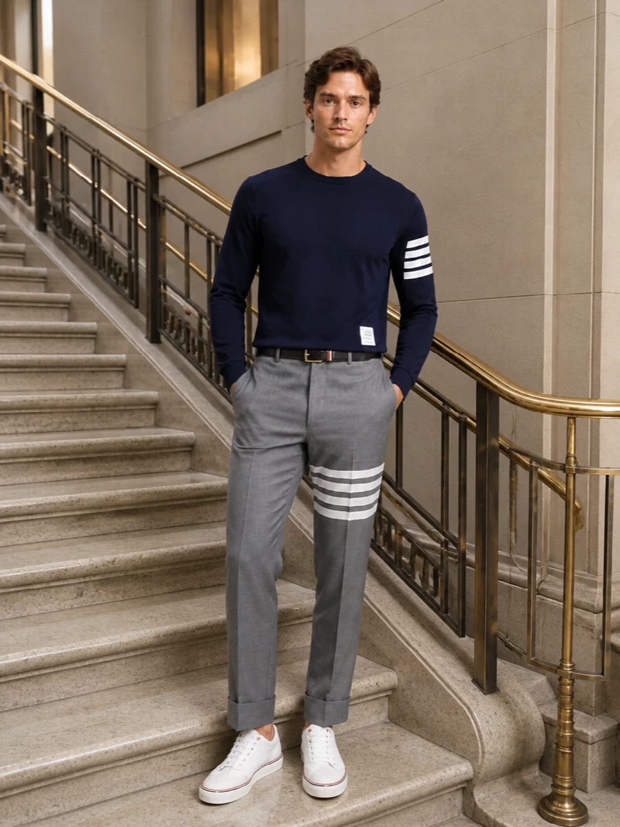 Thom browne navy sweater grey trouser outfit
