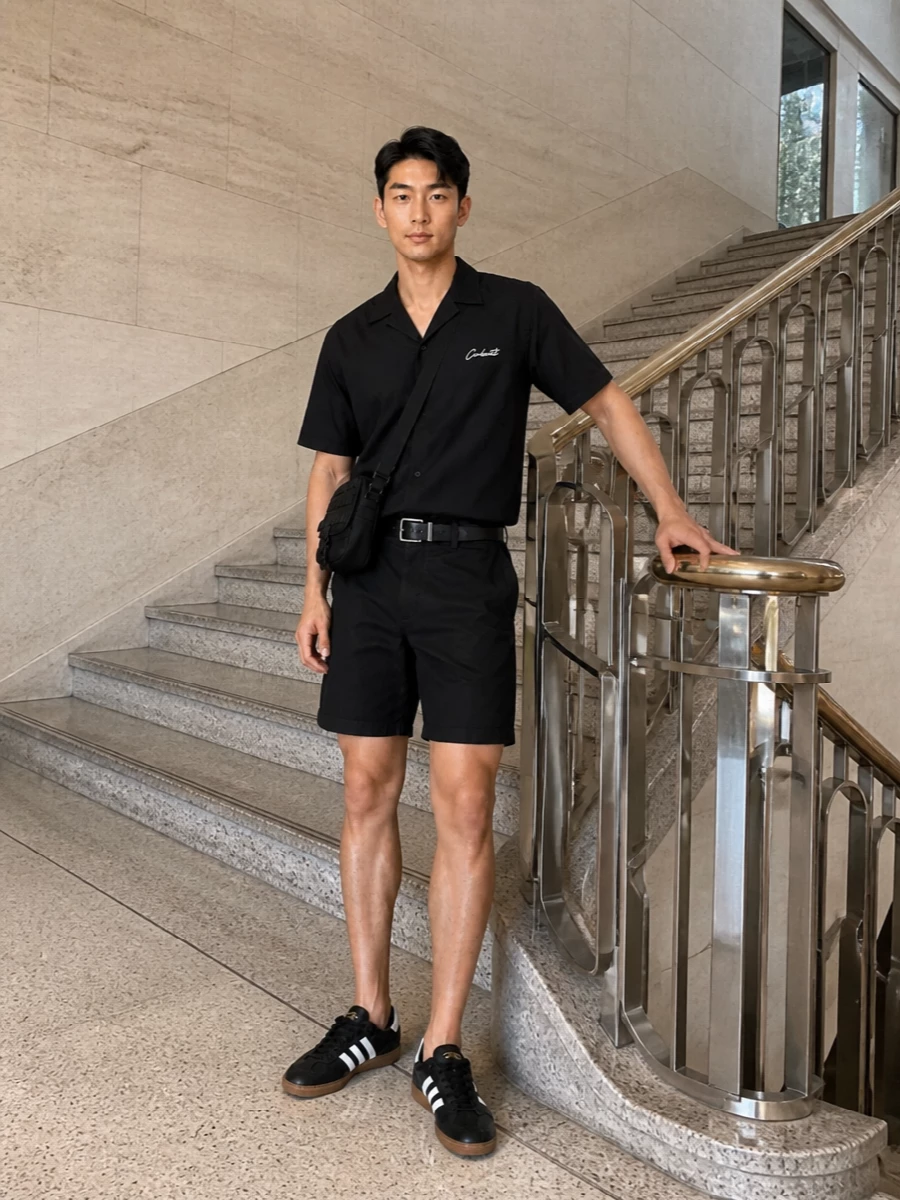Carhartt wip black camp shirt shorts outfit