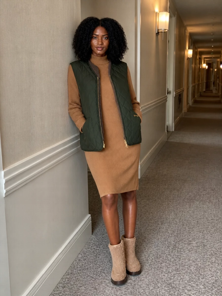 Max mara camel sweater dress barbour gilet outfit