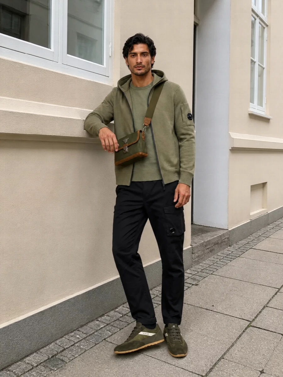 Cp company khaki jacket black cargo outfit