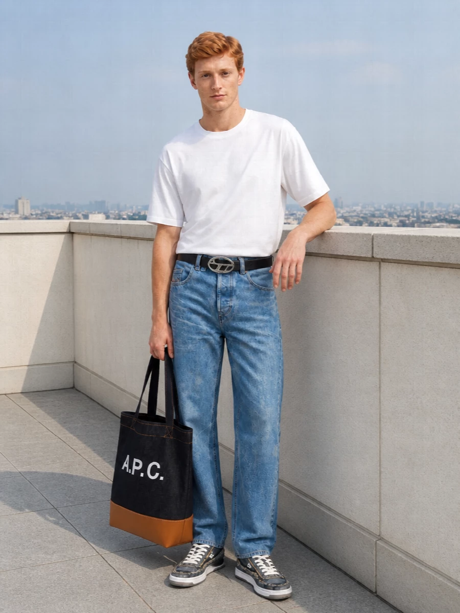 Pale Diesel denim and a crisp white tee keep this grounded in easy, 90s-leaning streetwear with a clean, straight-leg silhouette. Frayed denim sneakers echo the jeans’ texture, while the indigo A.P.C. tote and bold Diesel belt add structure and contrast without breaking the blue story. The result is relaxed but intentional, perfect for city days where you still want your denim to do the talking.