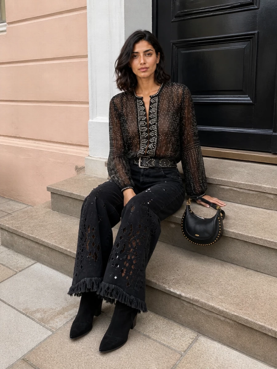 Isabel marant black wide leg jeans boots outfit