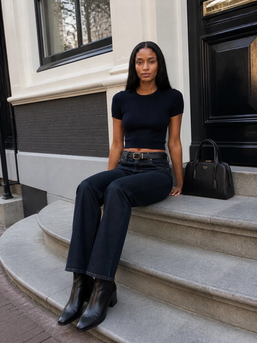 Prada dark jeans navy knit black leather