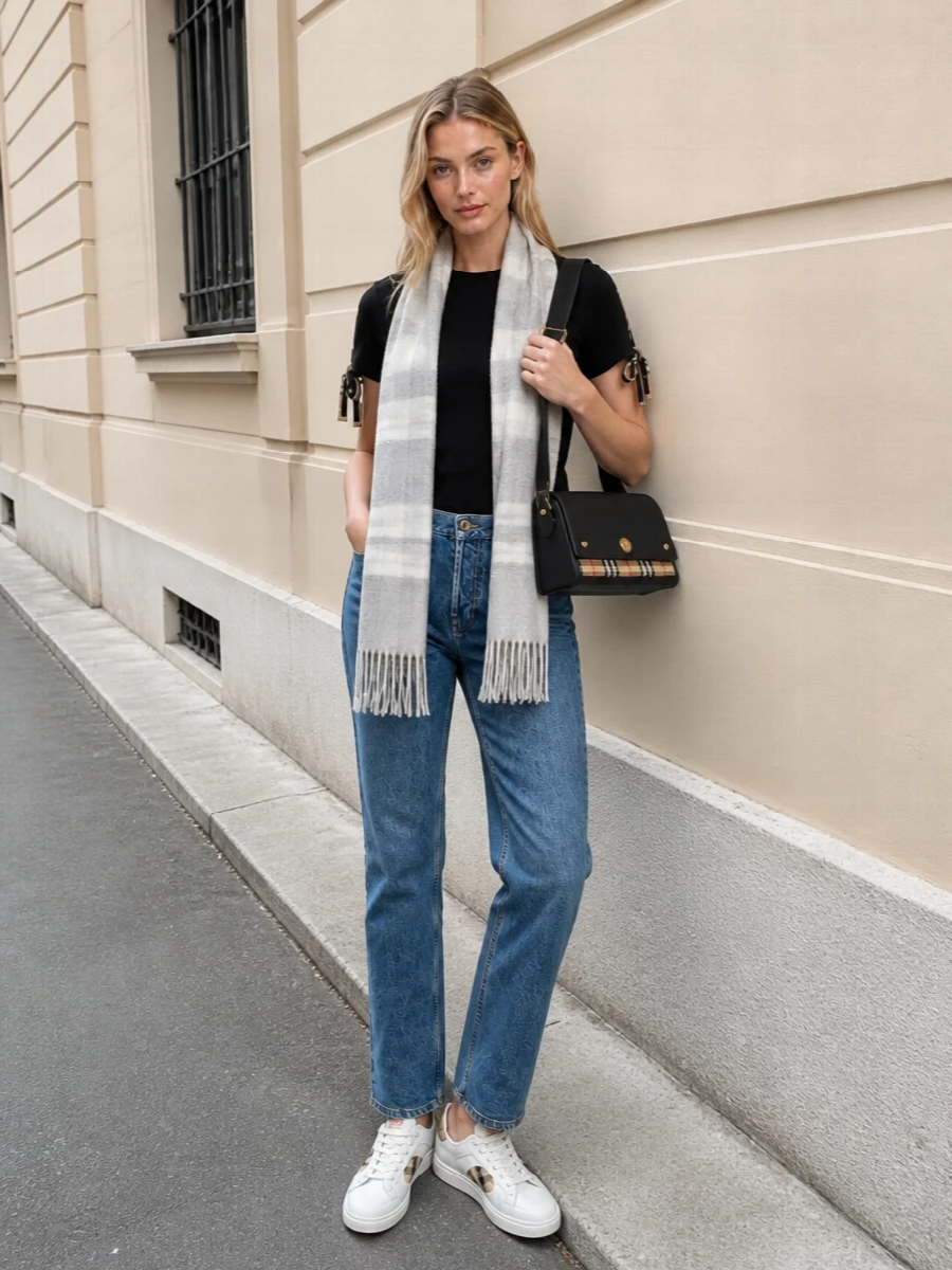 Burberry black tee jeans sneakers outfit