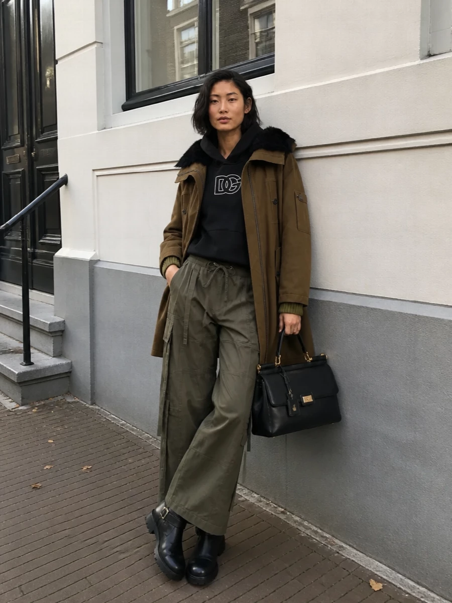 Dolce gabbana parka cargo pants biker boots