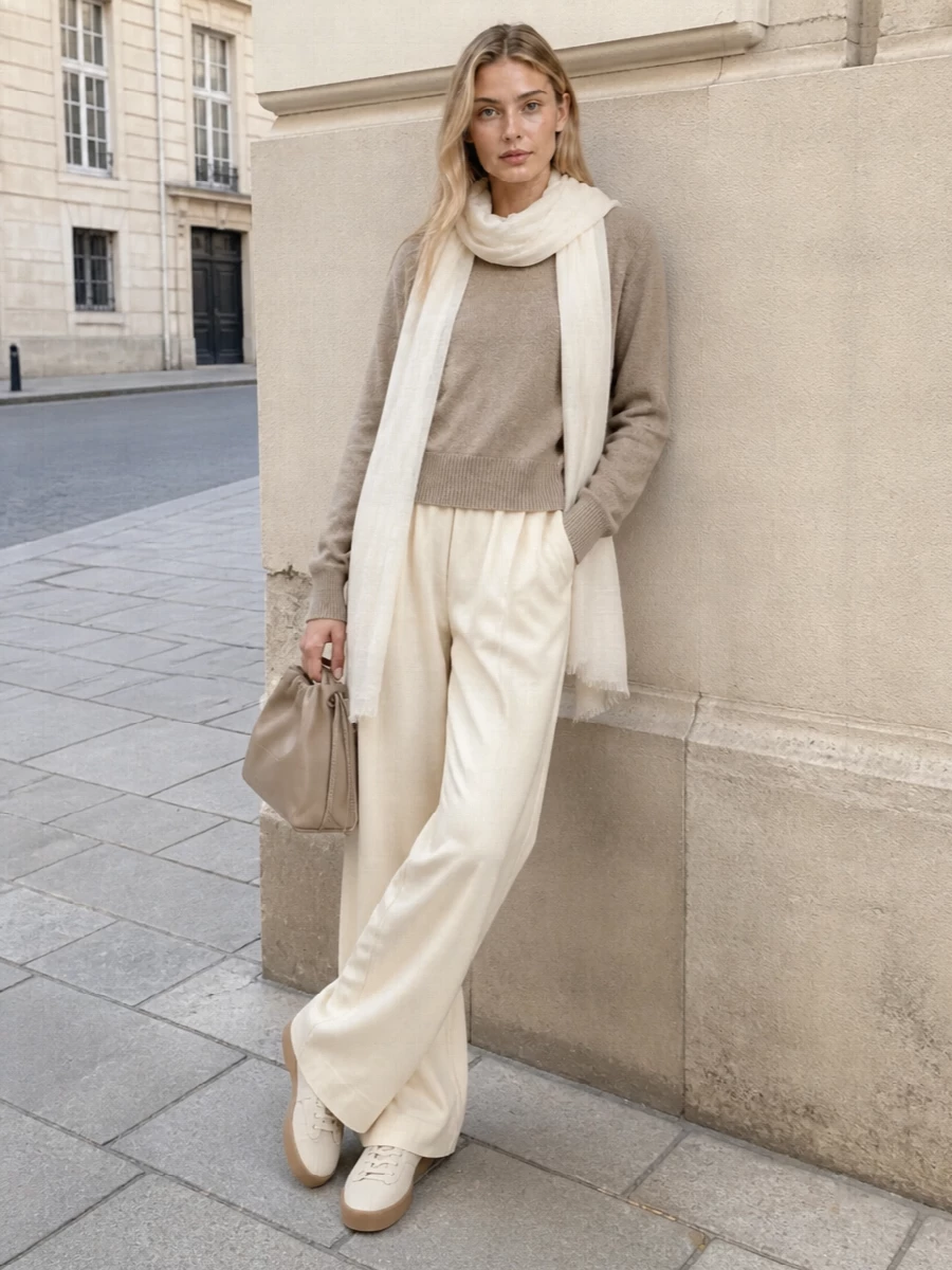 This look is a study in tonal, quiet luxury: buttercream wide-leg trousers grounded with a slightly deeper mushroom-beige knit for soft, columnar ease. Light-beige canvas sneakers keep the mood relaxed and modern, while the taupe-beige drawstring pouch and whisper-light ivory stole add just enough texture and nuance to keep the neutrals interesting but utterly serene.